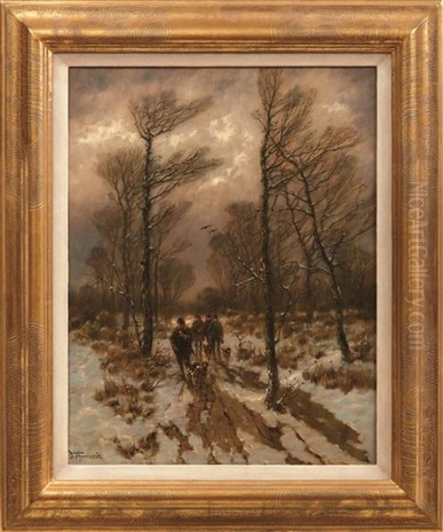 Jager Mit Ihren Hunden Im Winterwald - view 1