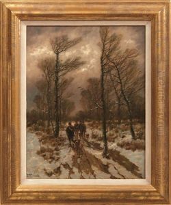 Jager Mit Ihren Hunden Im Winterwald by Desire Thomassin