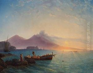 The Bay Of Naples With Fishermen Carrying The Catch Of The Day Ashore by Christian Frederik Ferdinand Thoming