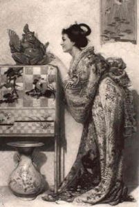 An Occidental Lady As A Japanese Courtesan Within A Japanese Decor Admiring A Jade Figurine An Occidental Lady As A Japanese Courtesan Within A Japanese Decor Admiring A Jade Figurine