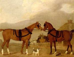 Two Carriage Horses In Harness, With Terriers And A Horsedrawn Carriage By A Cottage by Clifton Thompson