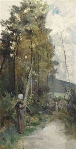 A Shepherdess And Her Sheep On A Country Road by Harry Ives Thompson