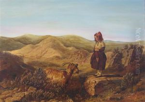 A Young Girl Standing On A Rock Looking At A Goat, In A Mountainous Landscape