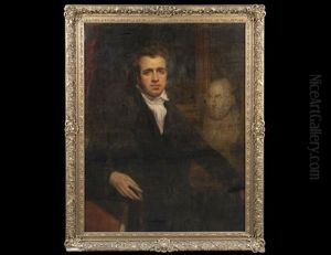 Self Portrait, Seated In Black Coat And White Stick By A Bust Of Seneca In An Interior by Thomas Clement Thompson