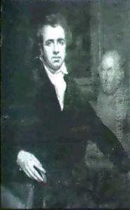 A Self Portrait, Half Length Seated In A Black Coat And White Stock By A Bust Of Geneca In An Interior by Thomas Clement Thompson