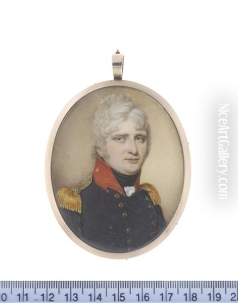 An Officer, Wearing Dark Blue Double-breasted Coat With Red Standing Collar, Gold Epaulettes, White Frilled Chemise And Black Stock - view 1