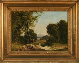 Landscape With Deers, In The Background View Of A Fjord