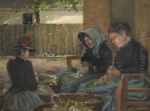 Farm Exterior With Three Woman Bunching Vegestables by Carl Christian Frederik Jacob Thomsen