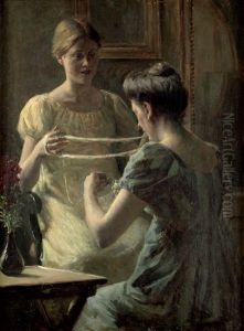Interieur Mit Zwei Frauen Beim Wollewickeln