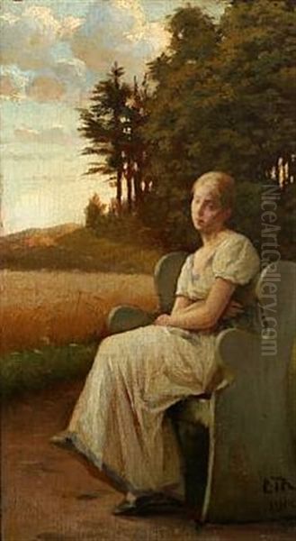 Landscape With Thoughtful Young Woman On A Bench - view 1