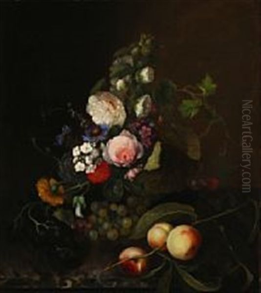 Still Life With Colourful Flowers And Peaches - view 1