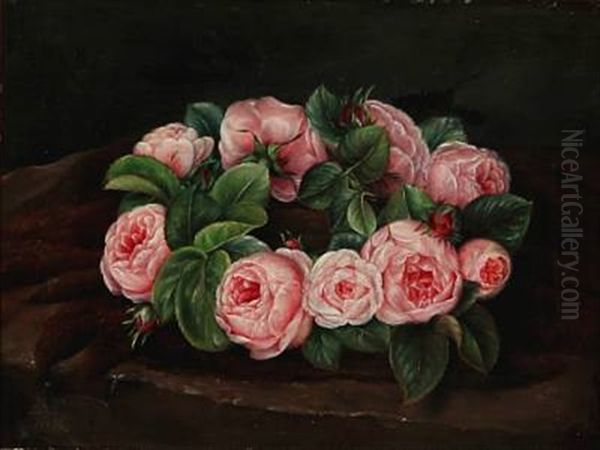 A Wreath Of Pink Roses On A Table - view 1