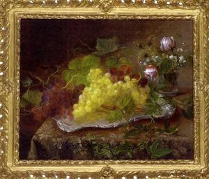 Grapes On A Silver Platter With Summer Flowers In A Glass Alongside
