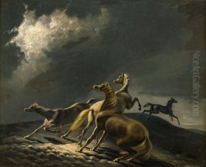 Aufgeschreckte Pferde Bei Unwetter Im Mondlicht by Fritz (Frederik Gotfred) Thomsen