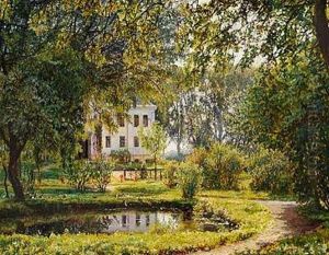 Landstedet Bisholm, To Kvinder Promenerer I Haven, I Forgrunden Lille Dam