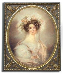 A Young Lady Called Princess Lieven In White Dress With Voluminous Sleeves, Pink Sash With Gold Buckle And Pink Stole. Elaborate Lace Bonnet Adorned With Pink Roses, Foliage In Her Hair by E.W. Thomson