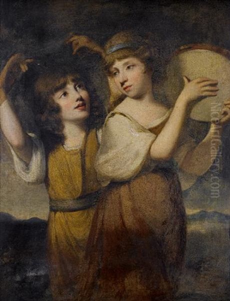 Portrait Of Two Girls In A Landscape, One Dancing, The Other Playing A Tambourine - view 1