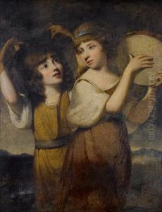Portrait Of Two Girls In A Landscape, One Dancing, The Other Playing A Tambourine by Henry Thomson
