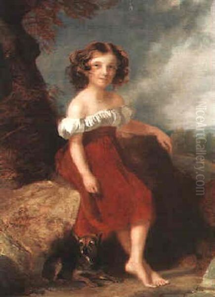 Portarit Of Jane Orme Seated In A Landscape Wearing A Red And White Dress, Her Dog By Her Side - view 1