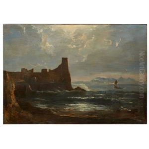 Dunure Castle With Arran In The Distance by John Thomson