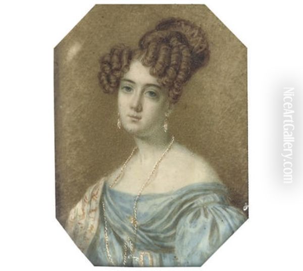 Charlotte Trotter, In Off-the-shoulder Blue Dress, A Patterned Stole Over Her Shoulder - view 1