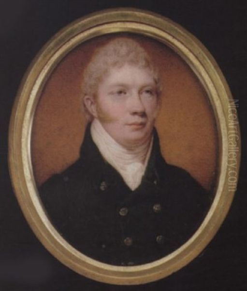 A Gentleman Wearing Dark Green Coat With Large Brass Buttons, Pale Yellow Waistcoat And White Cravat - view 1
