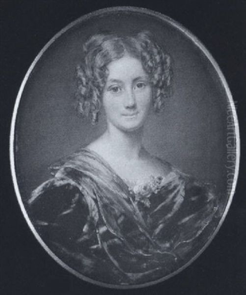 A Lady Wearing Brown Dress With Pink And Blue Translucent Shawl Over Her Shoulder, Fresh Flowers At Her Corsage, Her Hair Worn In Ringlets - view 1