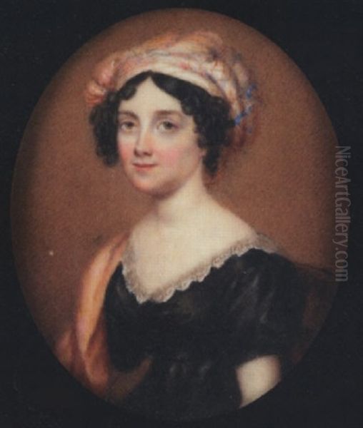 A Lady, Seated, Wearing Black Dress With White Lace Trim, Orange Cloak Over Her Right Shoulder And Plaid Turban In Her Dark Hair - view 1