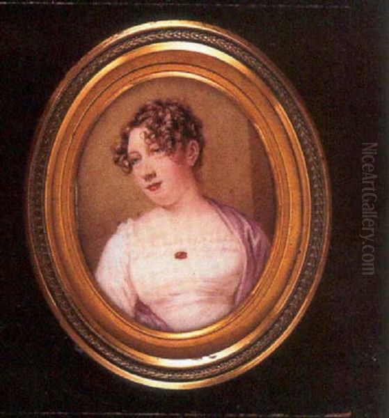 Caroline Delamain In White Dress With Frilled Neckline, A Jewelled Brooch At Her Corsage, A Lilac Shawl Around Her Shoulders - view 1