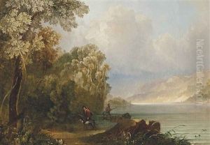 A Wooded Landscape With A Hunter And A Fisher On The Shores Of A Loch, Mountains Beyond by John Thomson