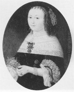 Portrait Of A Lady Wearing A Black Dress With White Lace Collar And Cuffs And A Pearl Headdress, Holding Blossoms by Johannes Thopas