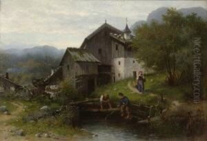 Zwei Kleine Angler Am Dorfbach. by Carl Breitbach