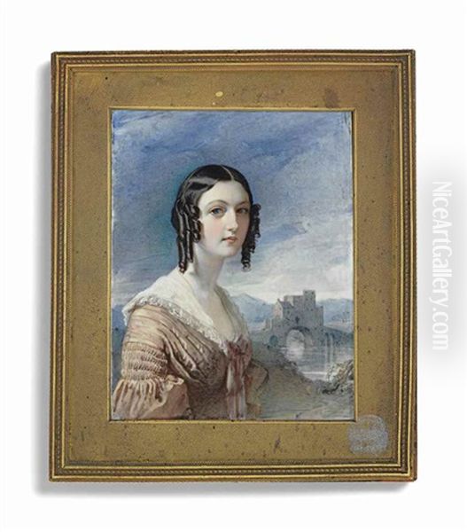 A Young Lady, In Pink Dress, Beside A River With Ancient Bridge House; Mountainous Landscape Background - view 1