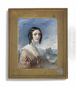 A Young Lady, In Pink Dress, Beside A River With Ancient Bridge House; Mountainous Landscape Background