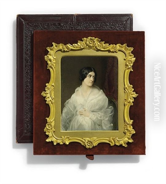 A Lady, In White Decollete Dress With Lace-trimmed Neckline, Ruched Sleeves, White Gauze Shawl, Her Dark Centre-parted Hair Upswept In A Chignon - view 1