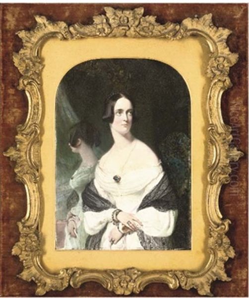 A Lady In White Dress And Lace Stole Wearing Gold Jewellery, Her Reflection In A Gilded Mirror - view 1