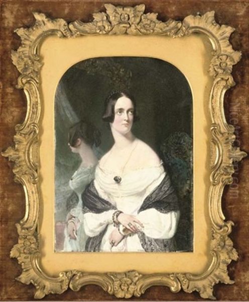 A Young Lady, In Sprigged White Dress With Black Lace Stole Over Her Arms, Gold Brooch At Corsage, Gold Bracelets And Rings, Her Dark Hair Upswept In A Plait; Her Reflection In A Gilded Mirror - view 1