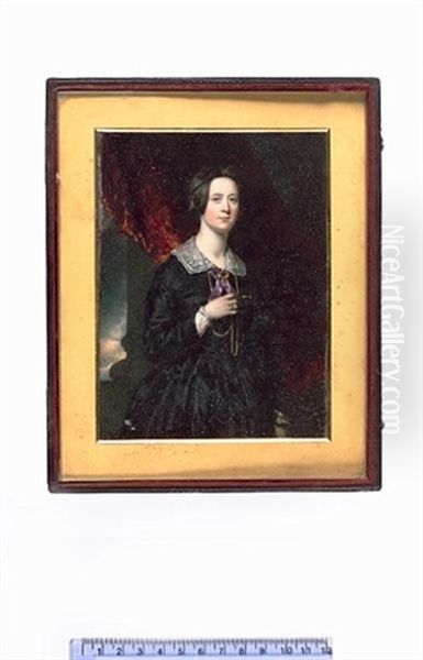 A Young Lady, Wearing A Black Dress With White Lace Cuffs And Collar, A Purple Silk Ribbon At Her Neck, A Jewelled Cross On A Long Gold Chain At Her Neck, Red Velvet Curtain And Stone Pillar Behind - view 1