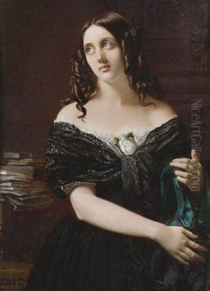 Mrs. Rashleigh, Standing In A Panelled Room, Wearing Black Silk Dress With White Lace Trim And Black Lace Shawl, A White Rose Corsage, Green Silk In Her Hands, Books And Papers On The Table Behind Her - view 1