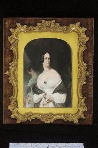 A Lady Standing Beside A Mirror, Wearing White Dress With Lace Neckline, A Black Lace Shawl, A Gold Brooch At Her Corsage, She Wears Gold Bracelets And Rings