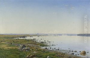 Sommerliche Landschaft Im Roskildefjord Von Der Danischen Insel Eskildso Aus Gesehen, Im Hintergrund Der Dom Von Roskilde by Anton Erik Christian Thorenfeld