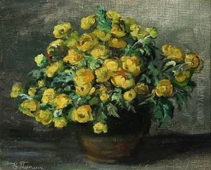 Bouquet Globeflowers In A Vase On A Table by Emmy Thornam