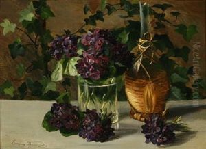 Violets And A Chianti Bottle On A Table by Emmy Thornam