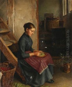 Kitchen Interior With A Girl Shelling Peas