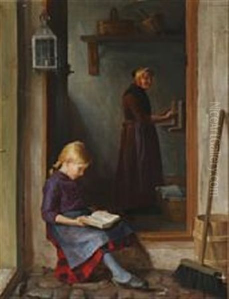 A Girl Reads On A Doorstep - view 1