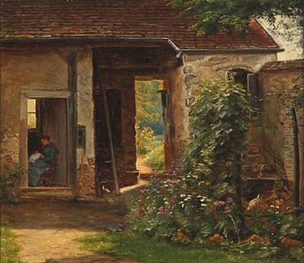 Courtyard With Flowers, Chickens, Rabbits And A Woman Sitting In The Doorway Sewing - view 1