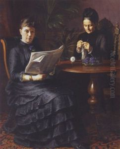 Mor Og Datter I Den Fine Stue, Den Ene Strikker, Den Anden Laeser Avis by Ludovica Thornam