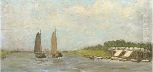Sailing Vessels On A River by Carl August Breitenstein