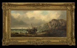 Coastal View With Fishermen Unloading Their Boats by William A. Thornbery