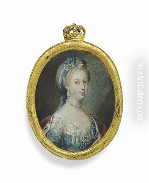 Caroline-mathilde Of Hanover (1751-1775), Queen Of Denmark, In Lace-bordered Blue Dress, Ermine-bordered Red Cloak Over Her Shoulders - view 1